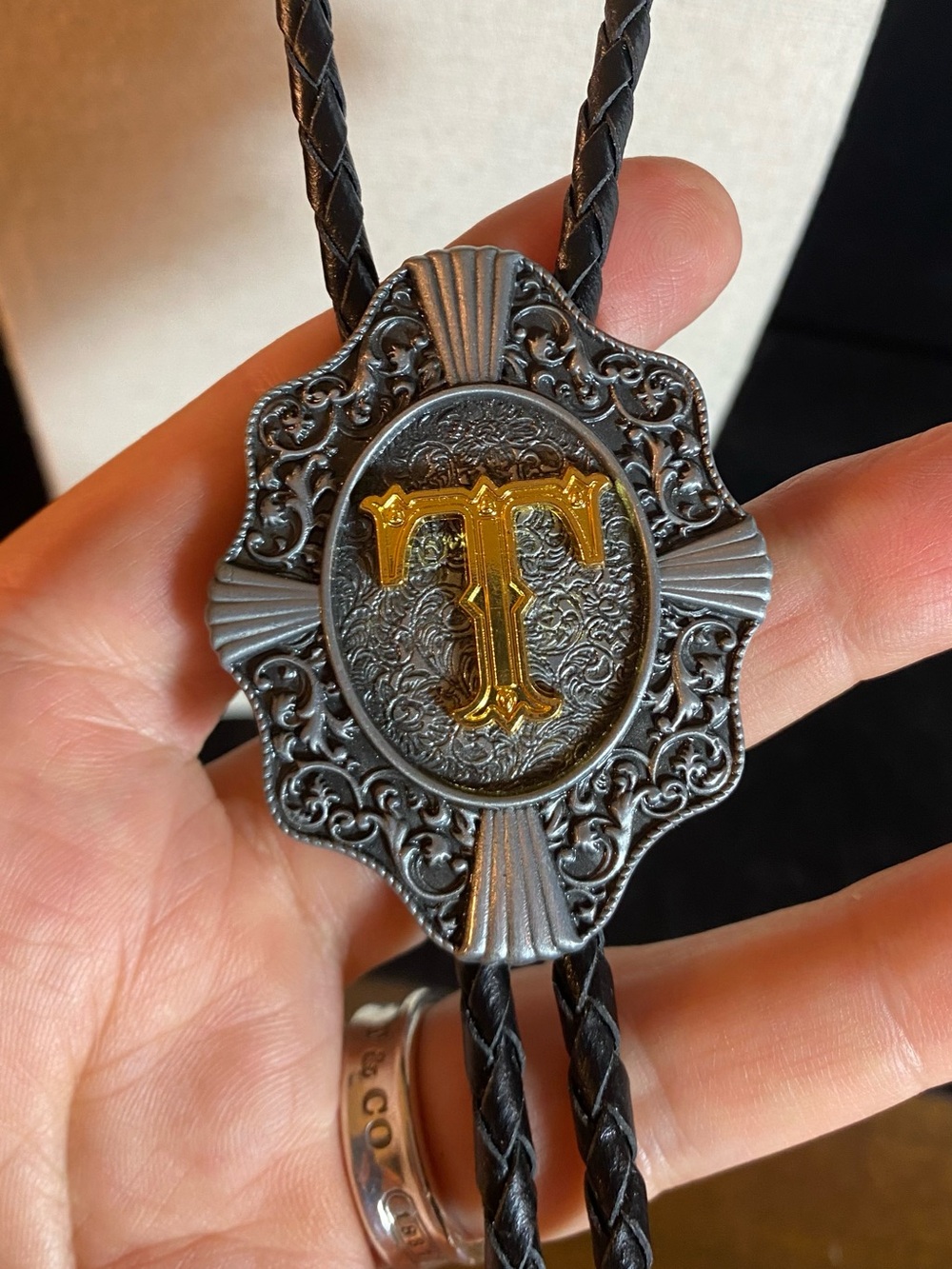 Western Initial T Bolo Tie Black Braided Cord Ornate Silver & Gold Tone UNISEX
